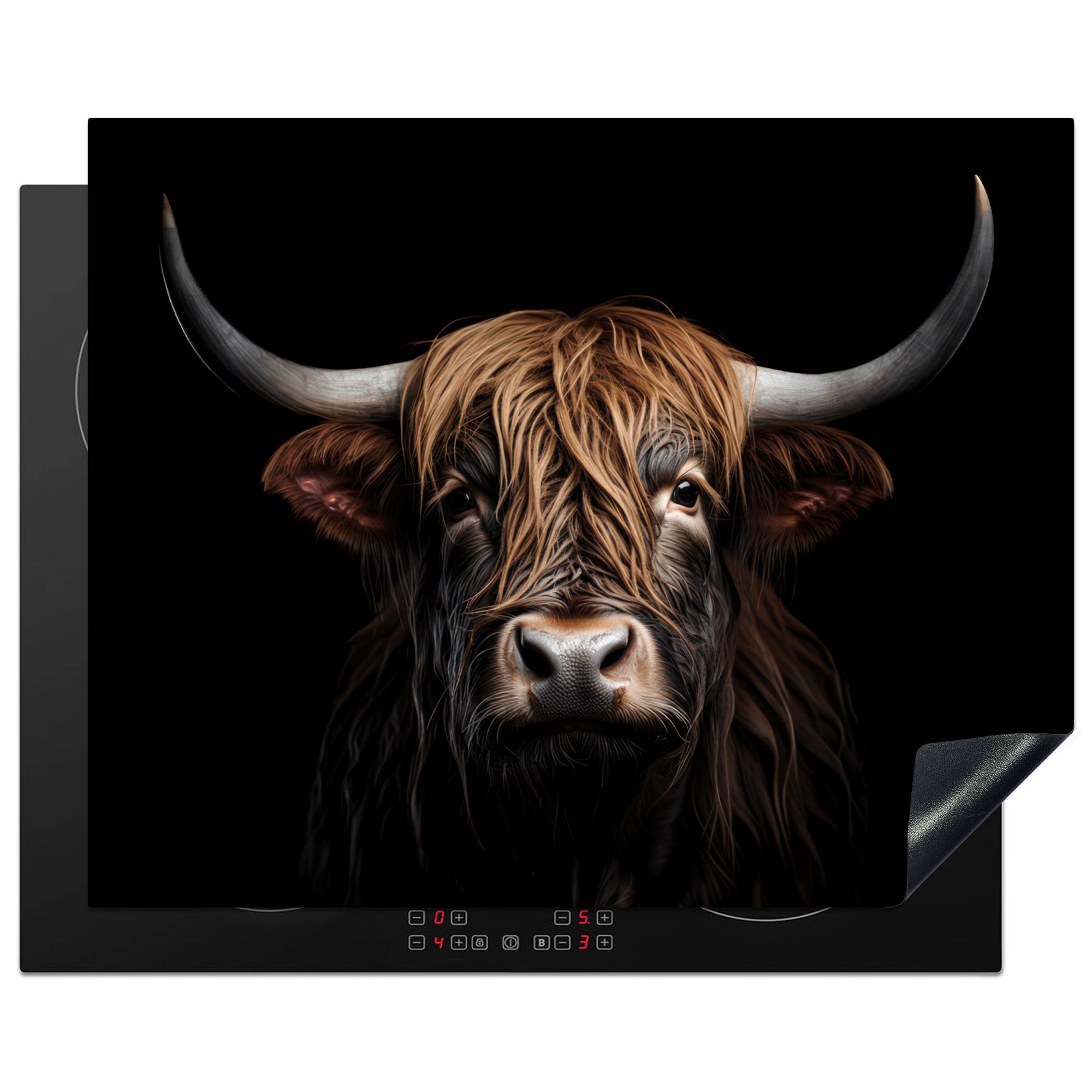 HERDABDECKPLATTE Schottischer Highlander - Porträt - Schwarz - Tier Herdabdeckung Induktionsfeld 65x52 cm - Braun, Kunststoff (65/52/0.2cm) - MuchoWow