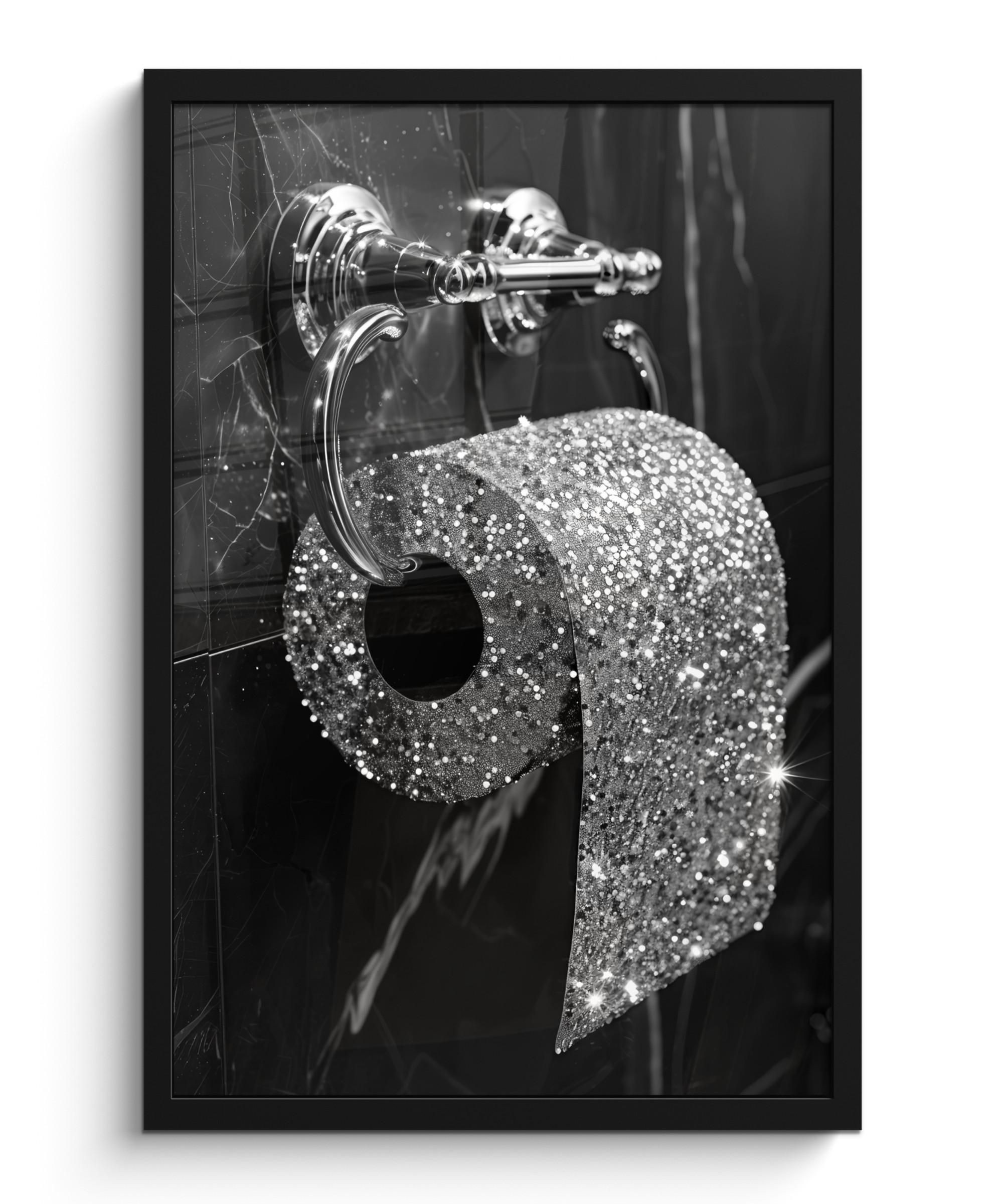 POSTER MIT RAHMEN WC - Toilettenpapier - Schwarz und weiß - Glitter Bilder mit Rahmen 40x60 cm - Silberfarben, Papier (40/60cm) - MuchoWow