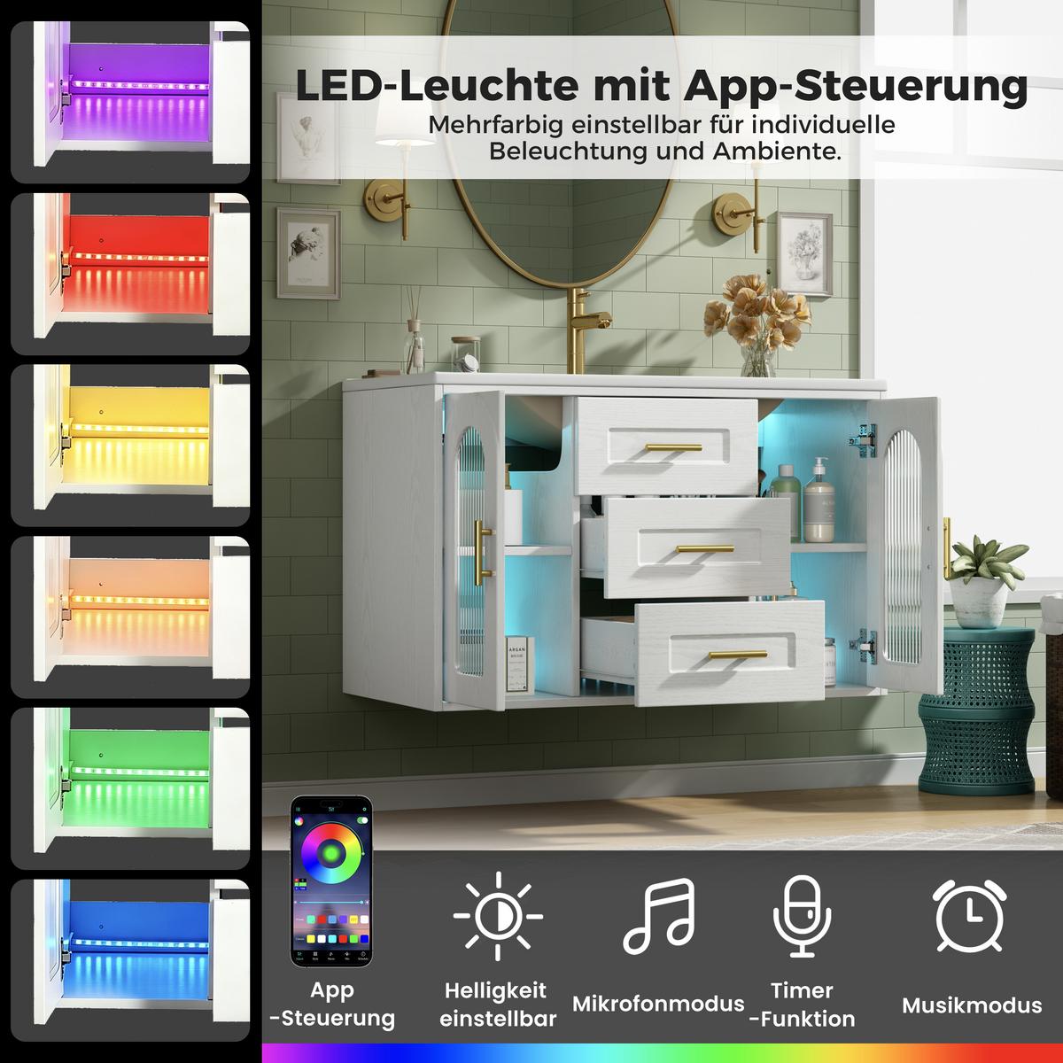 WASCHTISCH mit Unterschrank 76cm Weiß Holzoptik mit LED & Glastür - Weiß, Holzwerkstoff (76/55/46cm) - Urban Meuble