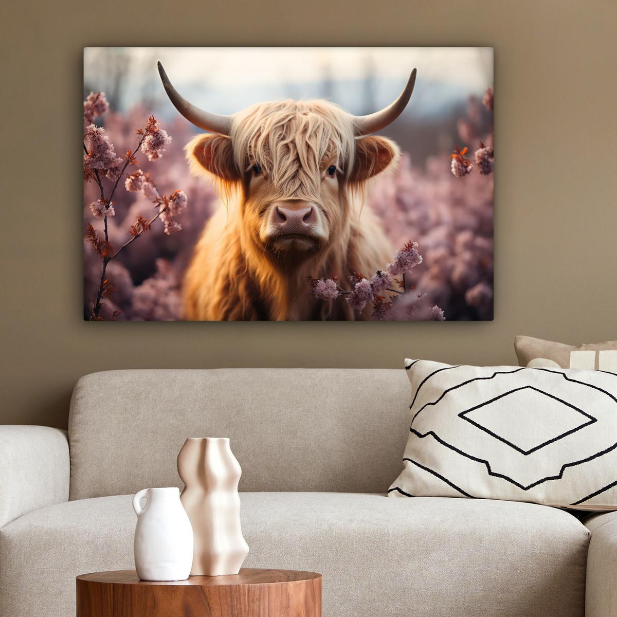 LEINWANDBILD Schottischer Hochländer - Frühling - Hochland Wanddeko 90x60 cm - Hellrosa, Textil (90/60cm) - MuchoWow