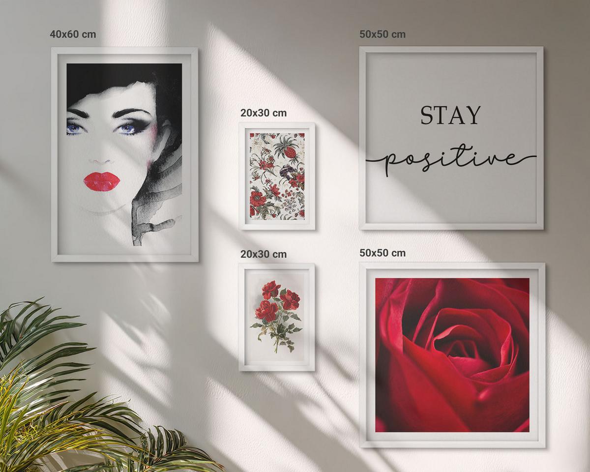 BILDER SET 5er Set - 50x50 cm & 20x30 cm & 40x60 cm Weißer Rahmen - Inschrift mit roten Rosen - Weiß, Kunststoff (40/60cm) - TULUP