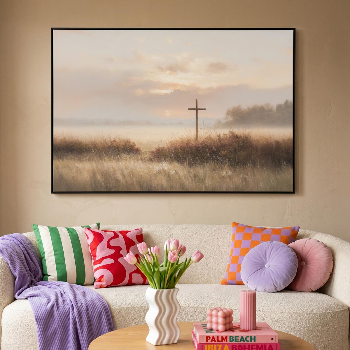 LEINWAND Bilder mit Rahmen - Gras - Morgennebel - Kreuz - Christentum - 120x80 - Beige, Textil (120/80cm) - MuchoWow