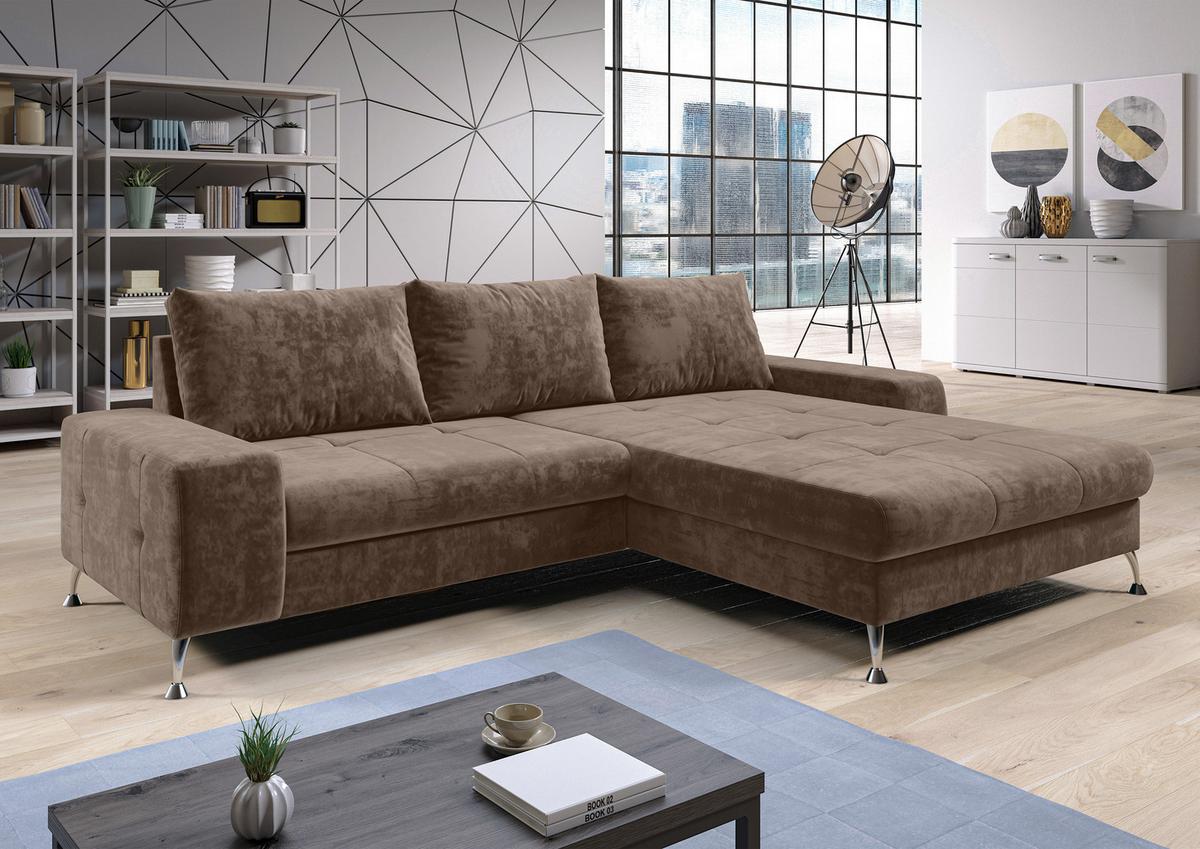 ECKSOFA L Form Artemia Hellbraun Samt 275/192/81 cm – modernes Sofa fürs Wohnzimmer R - Silberfarben/Hellgrau, Textil/Metall (275/192cm) - AX Living