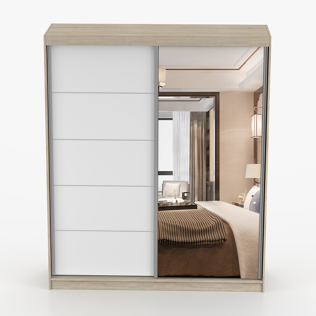 SCHWEBETÜRENSCHRANK 183/218/61 cm 2-türig Bella 03 Sonoma Eiche, Weiß - Alufarben/Weiß, Glas/Holzwerkstoff (183/218/61cm) - imoebel24