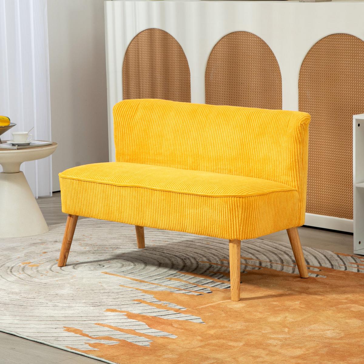 2-SITZER Sofa Polstersofa Doppelsofa Zweisitzer Sofa Cordartiges Polyester Gelb - Gelb/Naturfarben, Holz/Textil (56.5/77/117cm) - HOMCOM