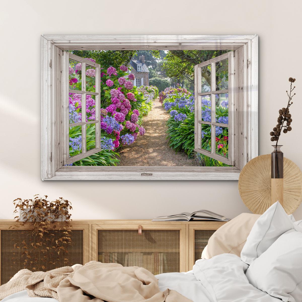 ACRYLGLASBILD Hortensie - Durchsichtig - Blumen - Sommer - Lila - Weg Wandbild Schlafzimmer 120x80 cm - Lila, Glas (120/80cm) - MuchoWow