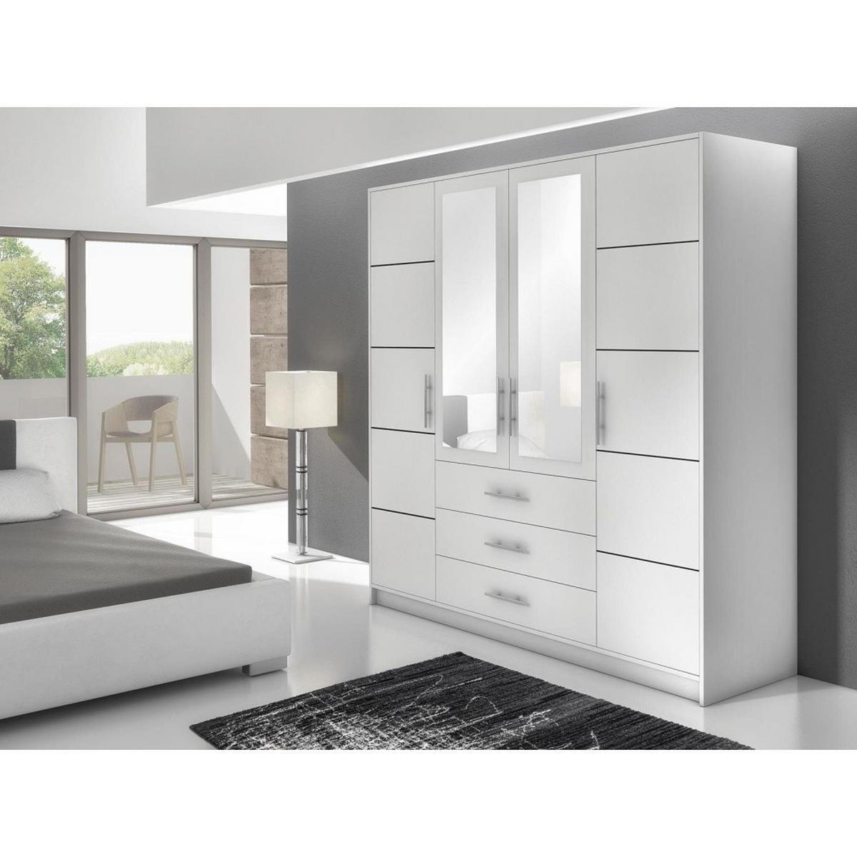 DREHTÜRENSCHRANK Bali 4-Türen, mit 3 Schubladen und Spiegel, Weiß - Weiß, Holzwerkstoff (196/200/58cm) - Beautysofa