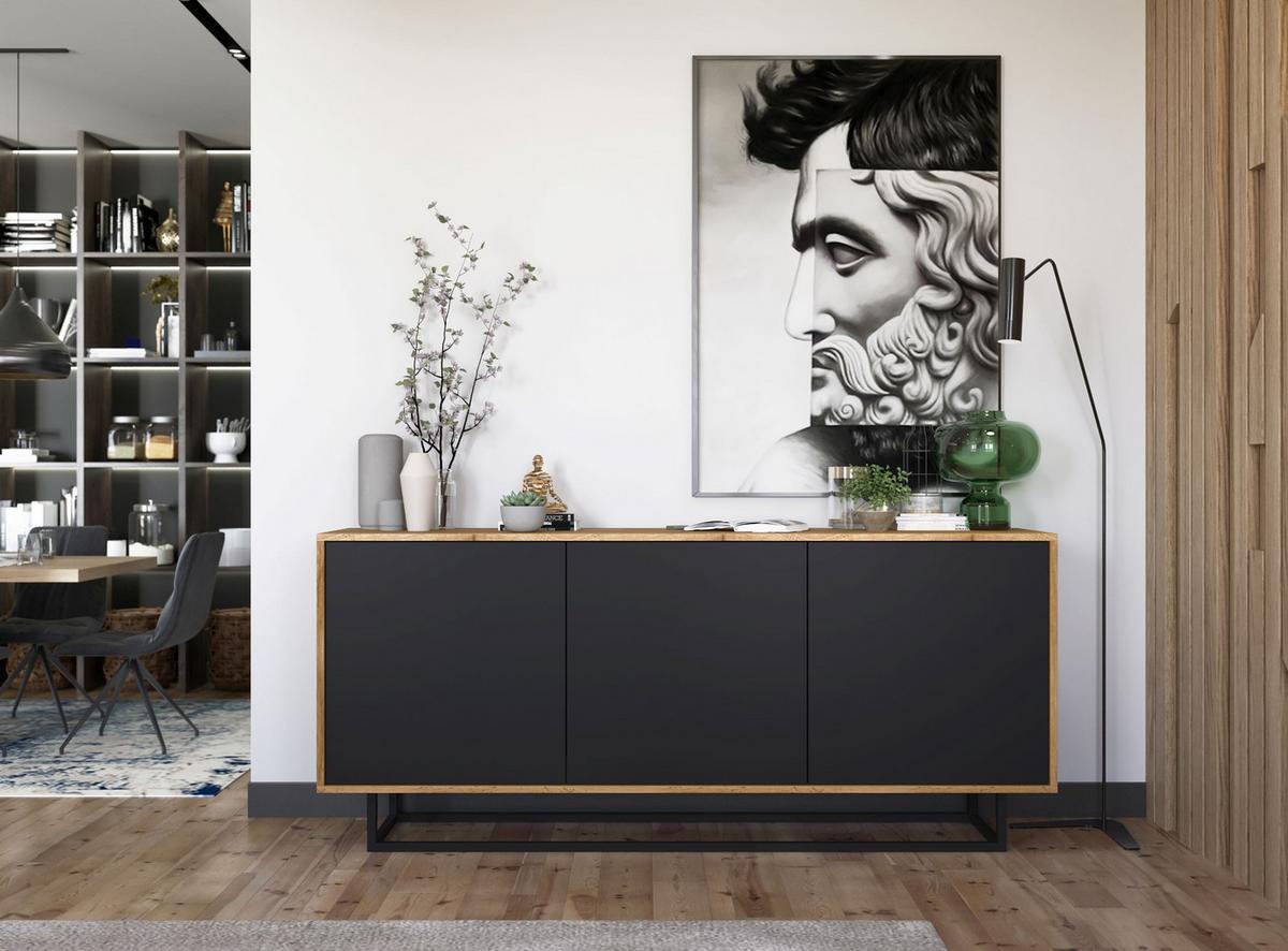KOMMODE Apollo 3D Eiche wotan Schwarz Matt 168 cm - Schwarz, Holzwerkstoff/Metall (168/72/35cm) - Meble Lindner
