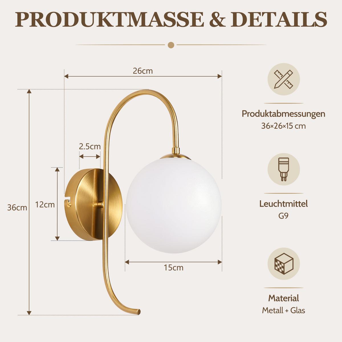 WANDLEUCHTE Thromar 26/15/36 cm - Goldfarben/Weiß, Glas/Metall (15/36/26cm) - ZMH