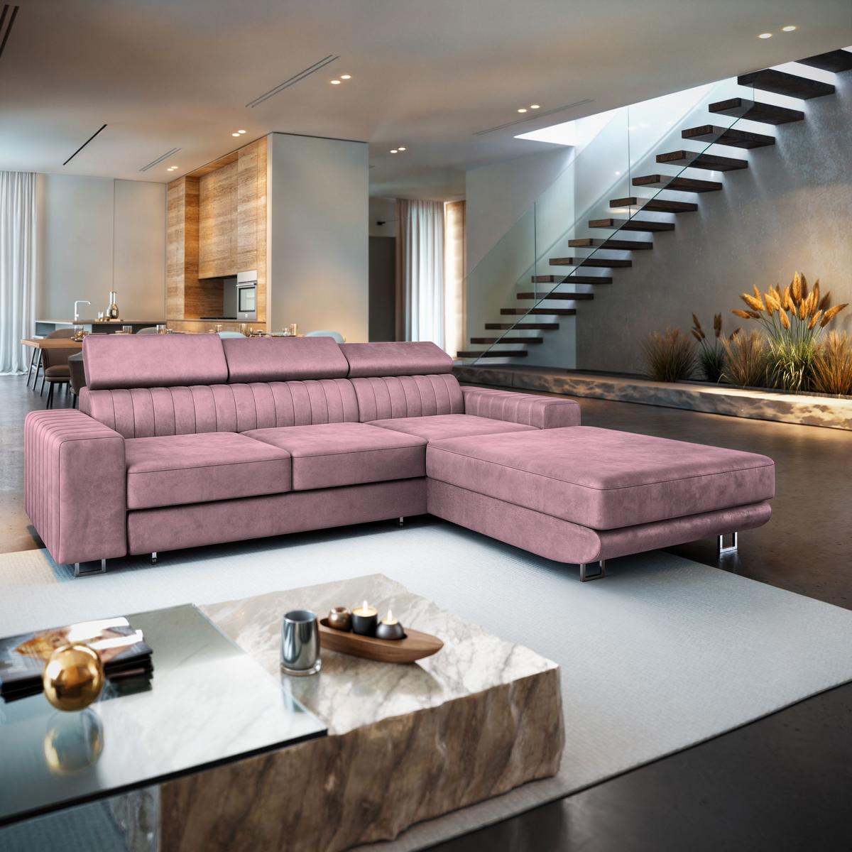 ECKSOFA NOTO R-S Lila Velours-Stoff mit Schlaffunktion - Lila/Silberfarben, Holz/Textil (267/190cm) - MASSENO