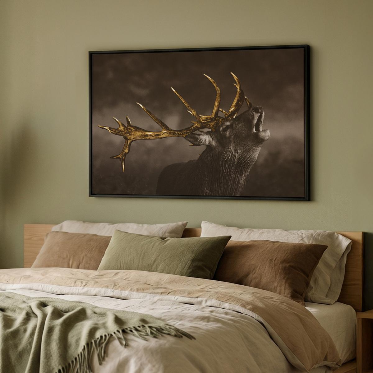 LEINWAND Bilder mit Rahmen - Rotwild - Schwarz - Gold - 90x60 - Braun, Textil (90/60cm) - MuchoWow