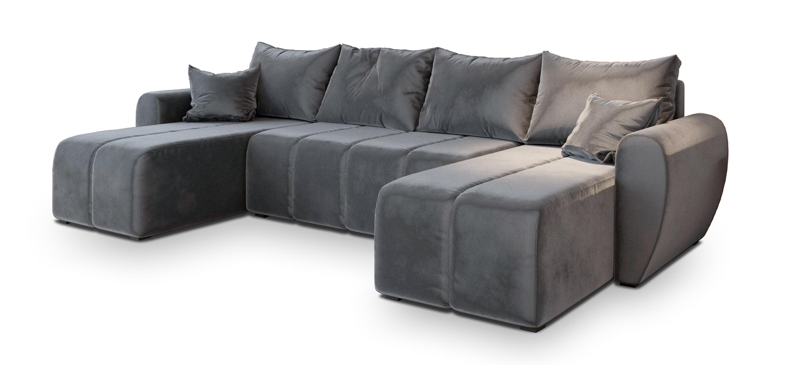 WOHNLANDSCHAFT MADISON U Grau Plüsch-Stoff mit Schlaffunktion - Schwarz/Grau, Holz/Kunststoff (311/82/145cm) - MASSENO