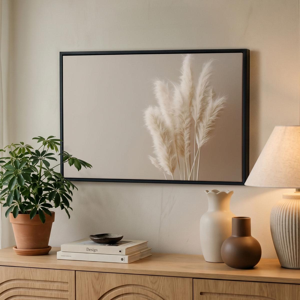 LEINWAND Bilder mit Rahmen - Pampasgras - Federn - Pastell - Weiß - 60x40 - Naturfarben, Textil (60/40cm) - MuchoWow