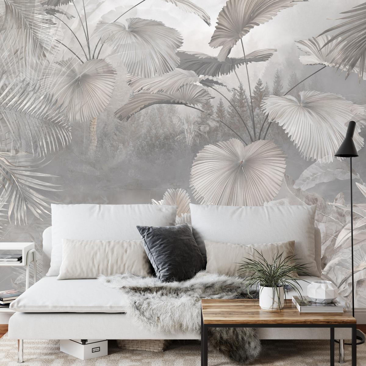 FOTOTAPETE für Wohnzimmer Tropische Blätter Dschungel Palmen Grau 250x175 - Beige/Grau, Papier (250/175cm) - Muralo