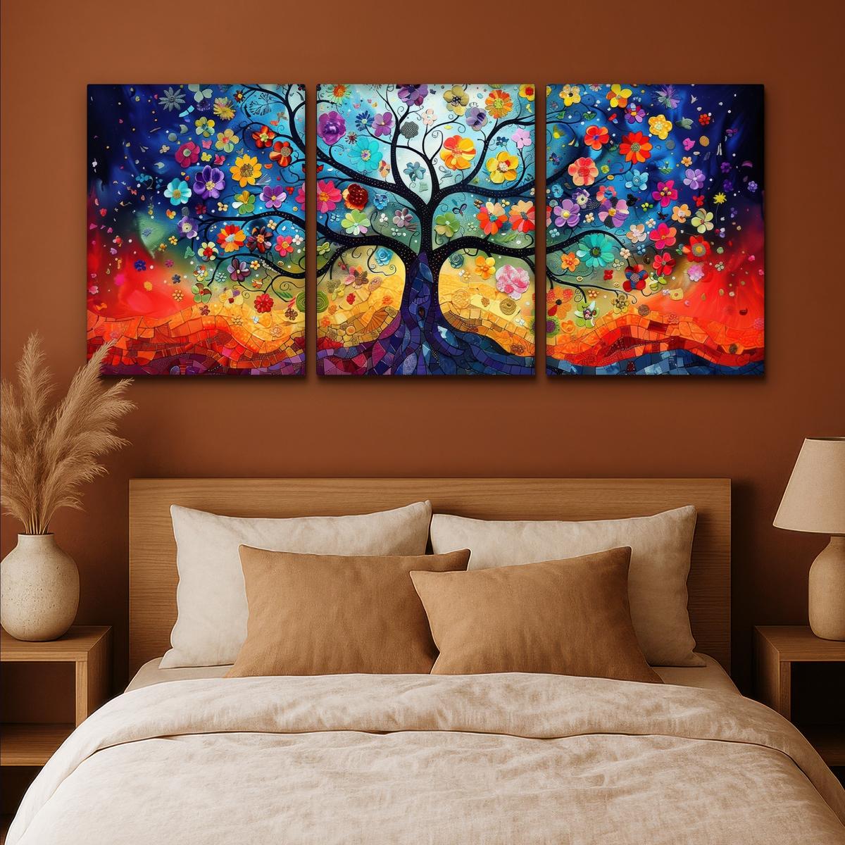 LEINWANDBILD 3er Set Bunt - Baum des Lebens - Blumen - Abstrakt 180x80 cm - Blau, Textil (180/80cm) - MuchoWow