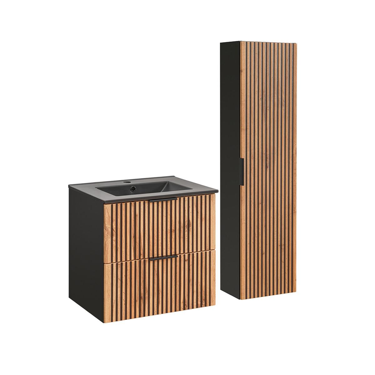 BADMÖBEL 60.2cm Gaia 2er-Set Holz in Eichenoptik und Schwarz - Schwarz, Holzwerkstoff (60.2/57/46cm) - Petits-meubles