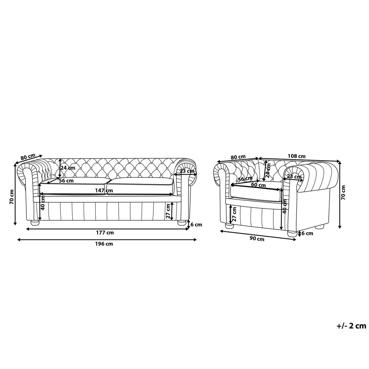 SOFA-SET 4-Sitzer Echtleder Schwarz Chesterfield - Schwarz/Braun, Fell (195/70/90cm) - Beliani