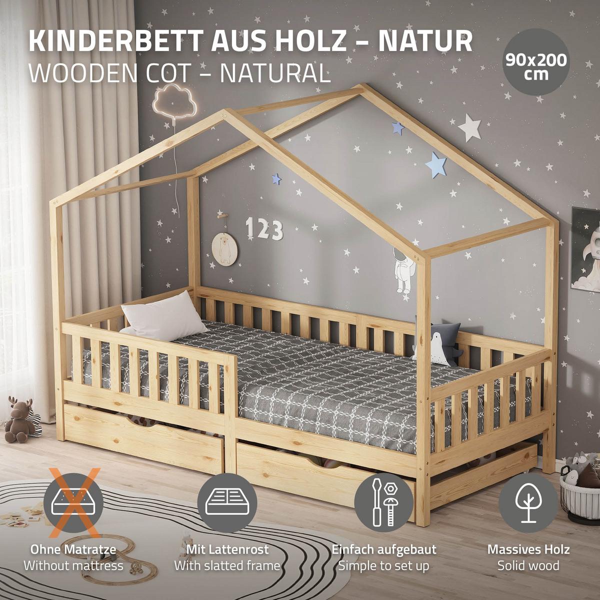 HAUSBETT 90x200 cm Natur aus Kiefernholz mit 2 Schubladen und Rausfallschutz - Beige, Holz (90/200cm) - ML-DESIGN