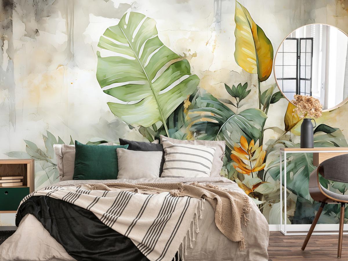 FOTOTAPETE für Wohnzimmer Tropische Blätter Aquarell Abstrakt 450x315 - Gelb/Beige, Papier (450/315cm) - Muralo