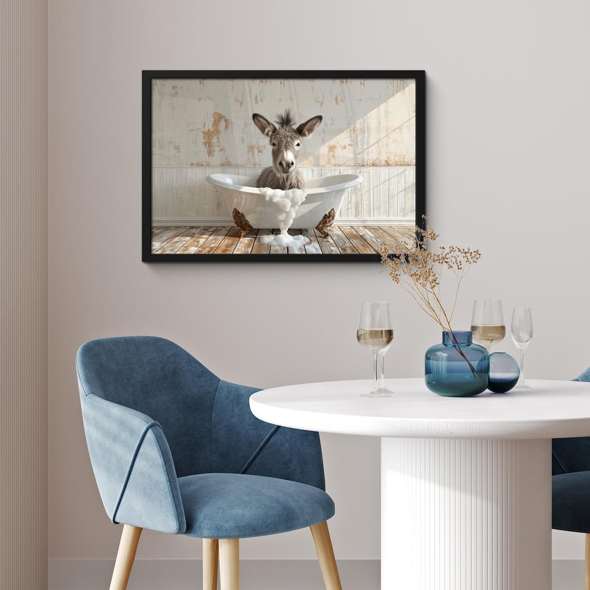 POSTER MIT RAHMENGERAHMTES BILD Esel - Tiere - Badewanne - Schaumstoff 60x40 cm - Weiß, Papier (60/40cm) - MuchoWow
