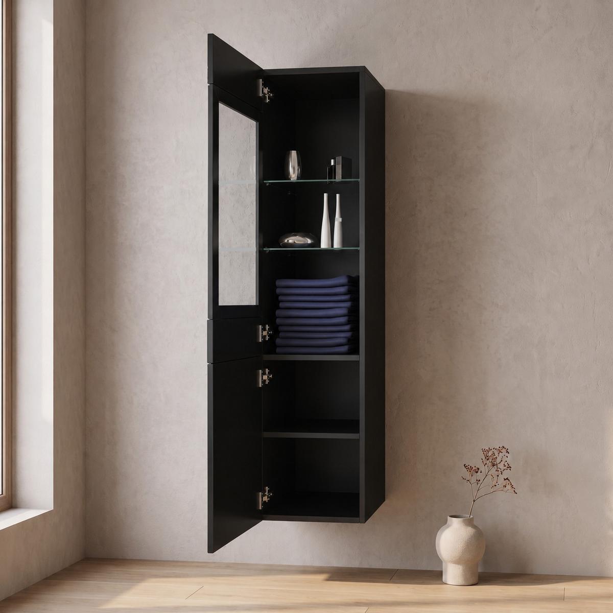 BADEZIMMERSCHRANK Rio mit 2 Schwarz Hochglanz - 30 x 30 x 130 cm - Schwarz, Holz (30/131/30cm) - Badplaats