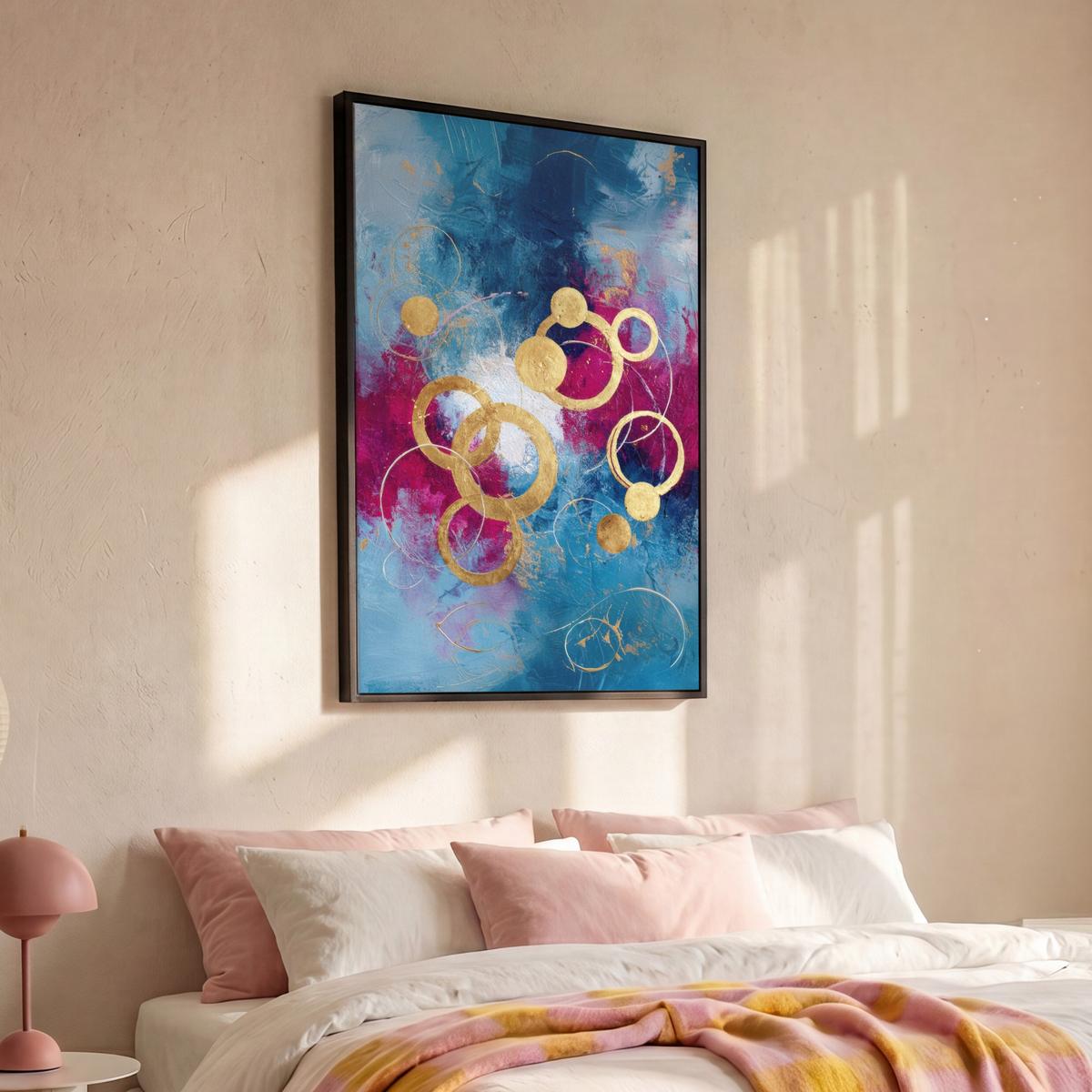 LEINWAND Bilder mit Rahmen - Kreise - Gold - Abstrakt - 90x140 - Blau, Textil (90/140cm) - MuchoWow