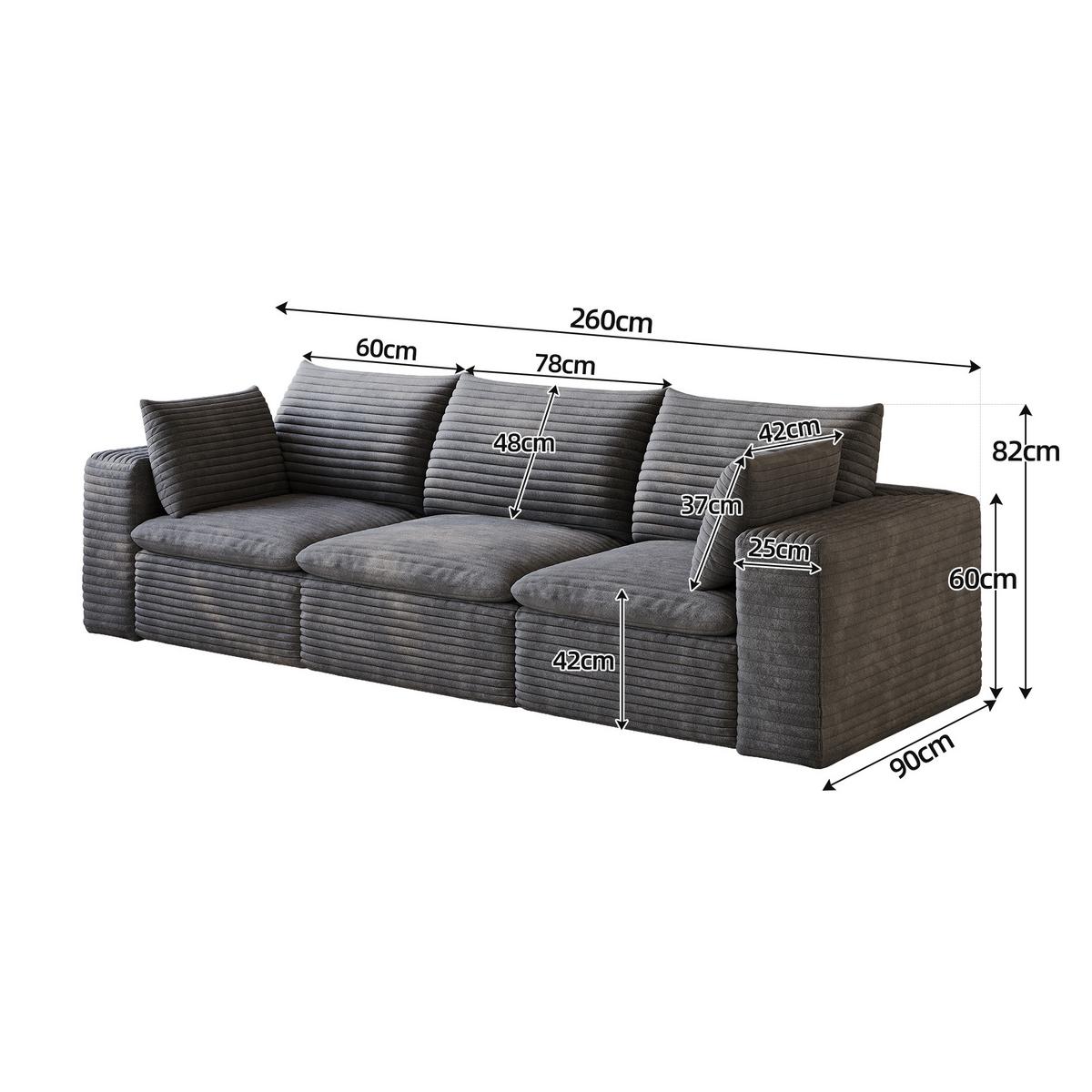 3-SITZER SOFA 260cm Corduroy Modulares ohne Montage - Dunkelgrau, Textil (260/60/90cm) - Urban Meuble
