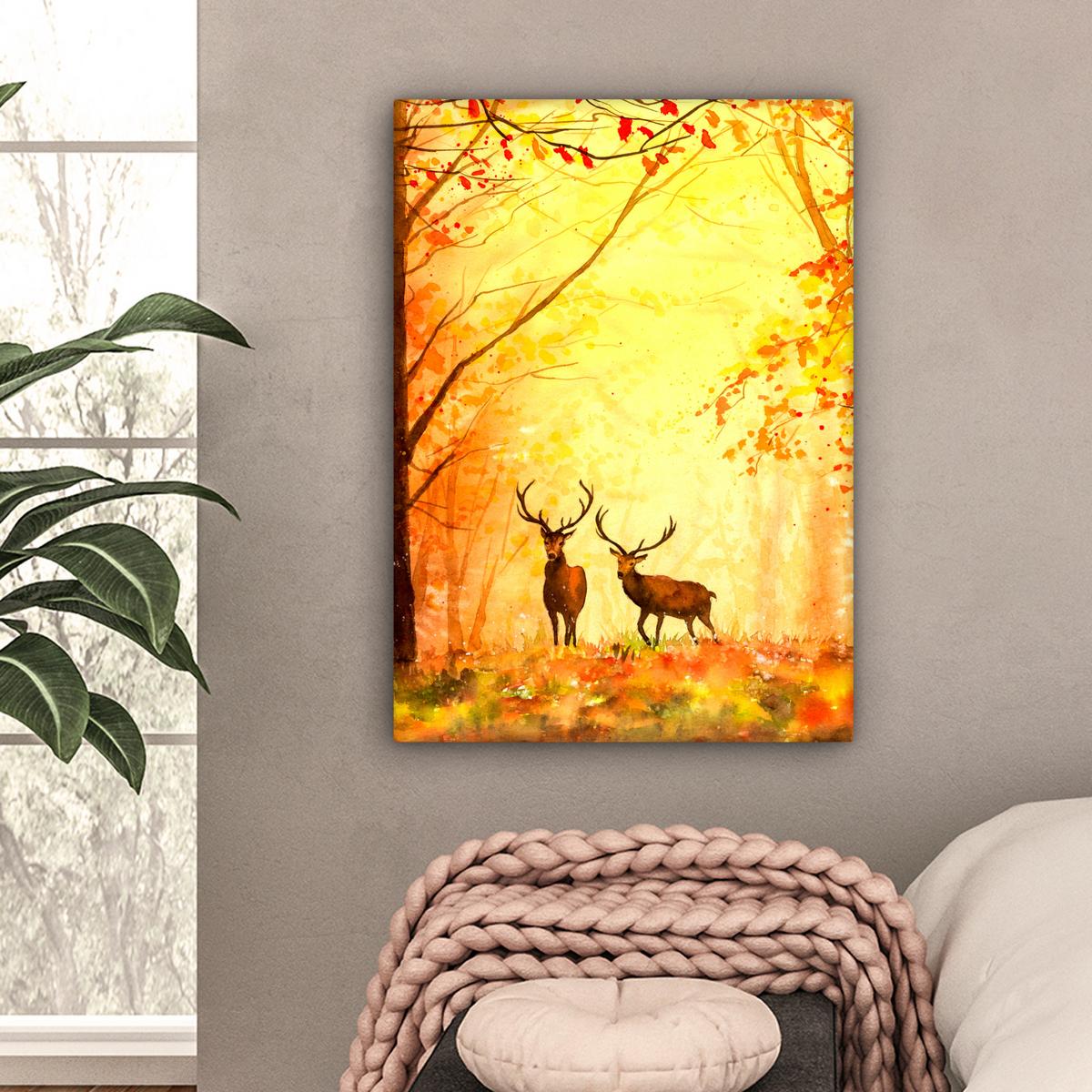 LEINWANDBILD Natur - Ölfarbe - Hirsche - Tiere - Herbst - Orange Wandbild Wohnzimmer 60x80 cm - Orange, Textil (60/80cm) - MuchoWow