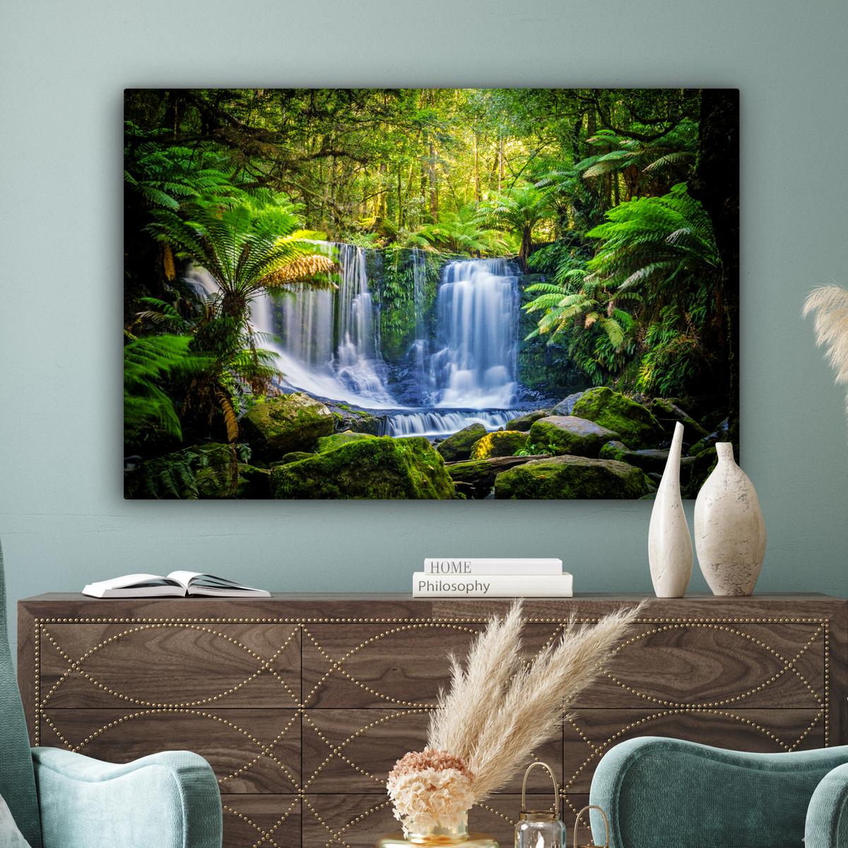 LEINWANDBILD Dschungel - Wasserfall - Australien - Pflanzen - Natur XXL 150x100 cm - Dunkelgrün, Textil (150/100cm) - MuchoWow