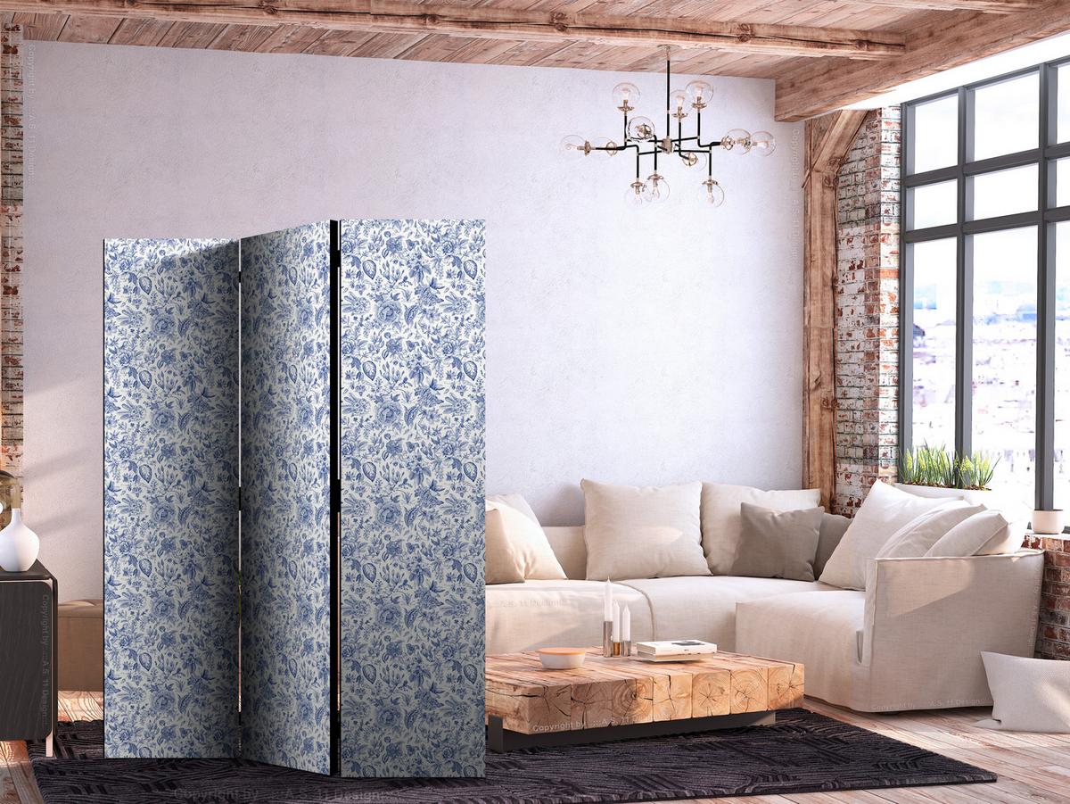 PARAVENT Akustik 3-tlg 135x172 cm Blaue Blumen - Blau, Holz/Textil (135/172/3cm) - Muralo