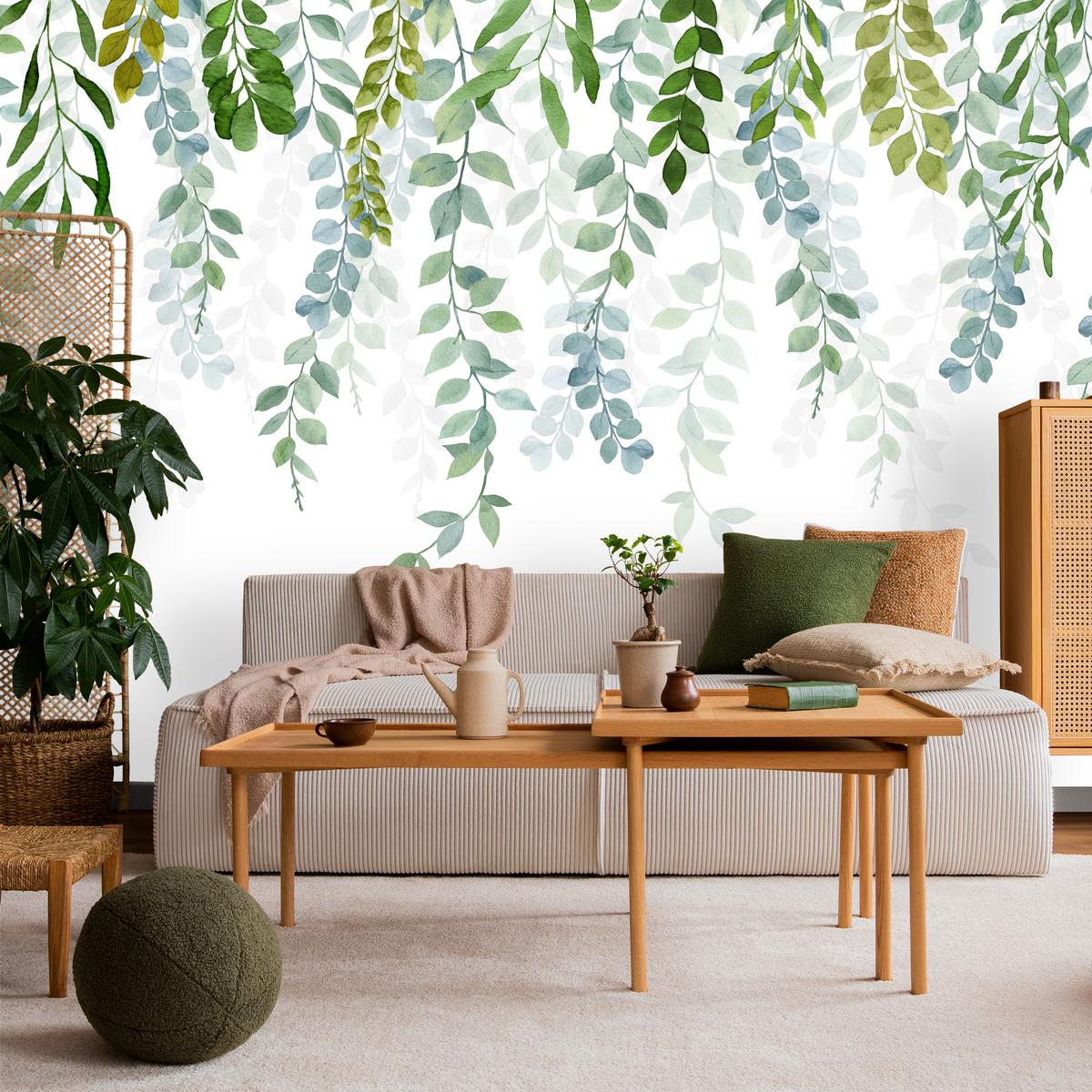 FOTOTAPETE für Schlafzimmer Zarte Ranken Blätter Kletterpflanzen Natur 150x105 - Weiß/Grün, Papier (150/105cm) - Muralo