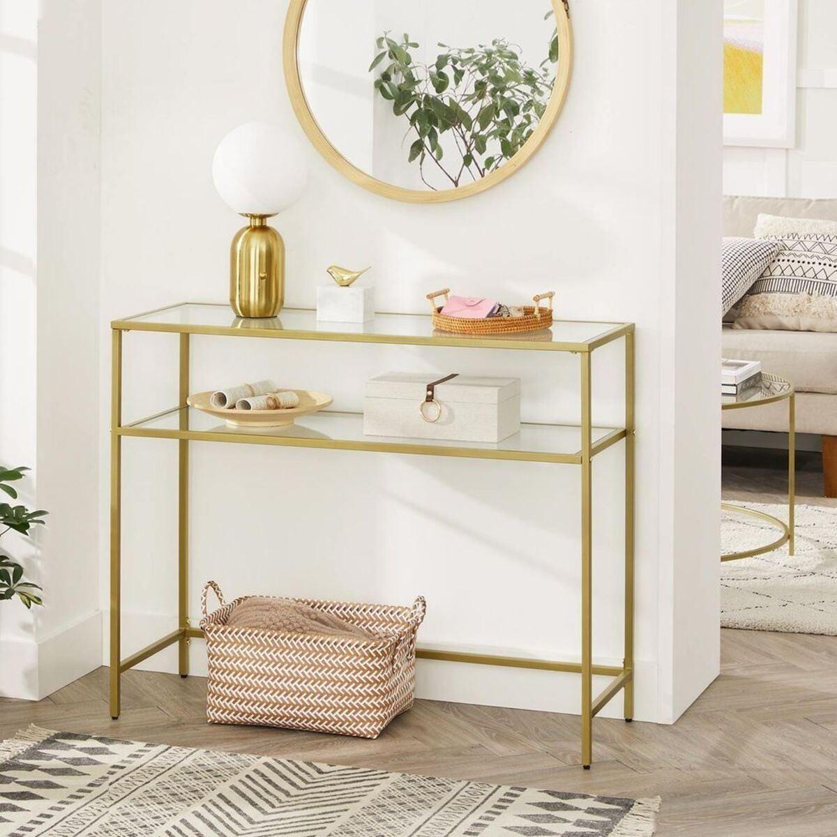 METALLKONSOLE mit 2 Regalen aus gehärtetem Glas 30/90/80 cm - Goldfarben, Metall (31/30/80cm) - Calicosy