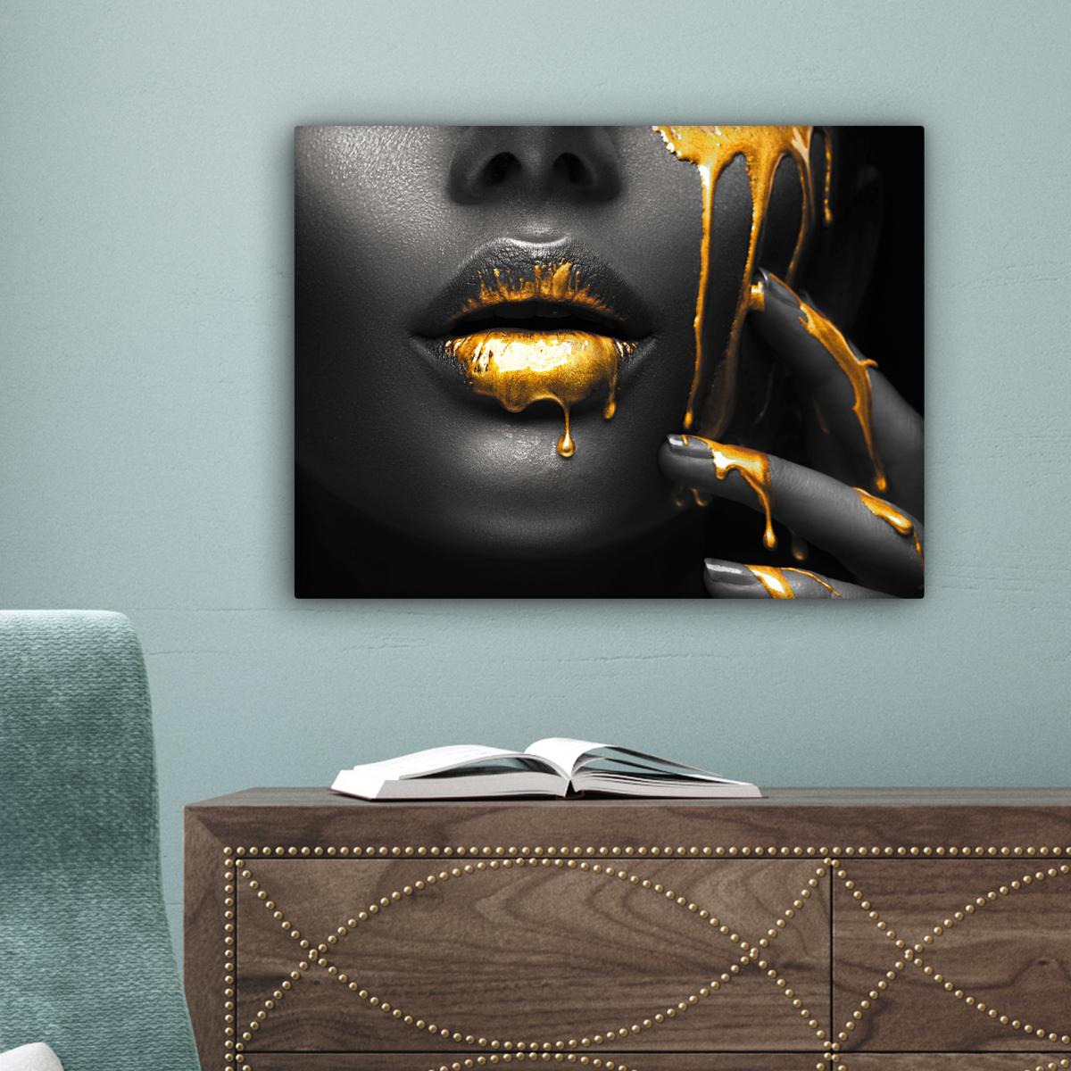 LEINWANDBILD Frau - Schwarz - Gold - Gesicht - Lippen Wandbild 40x30 cm - Goldfarben, Textil (40/30cm) - MuchoWow