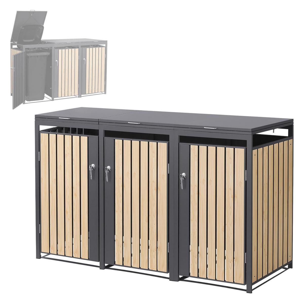 MÜLLTONNENBOX 3er Anthrazit-Holzoptik - Naturfarben, Metall (200/120/80cm) - ML-DESIGN