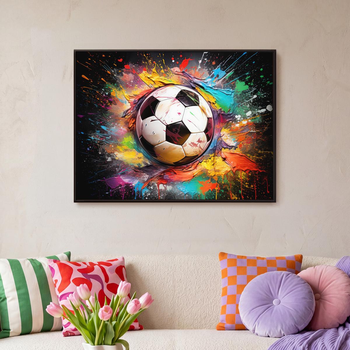 LEINWAND Bilder mit Rahmen - Fußball - Farbe - Farben - Schwarz - Weiß - 70x50 - Weiß, Textil (70/50cm) - MuchoWow