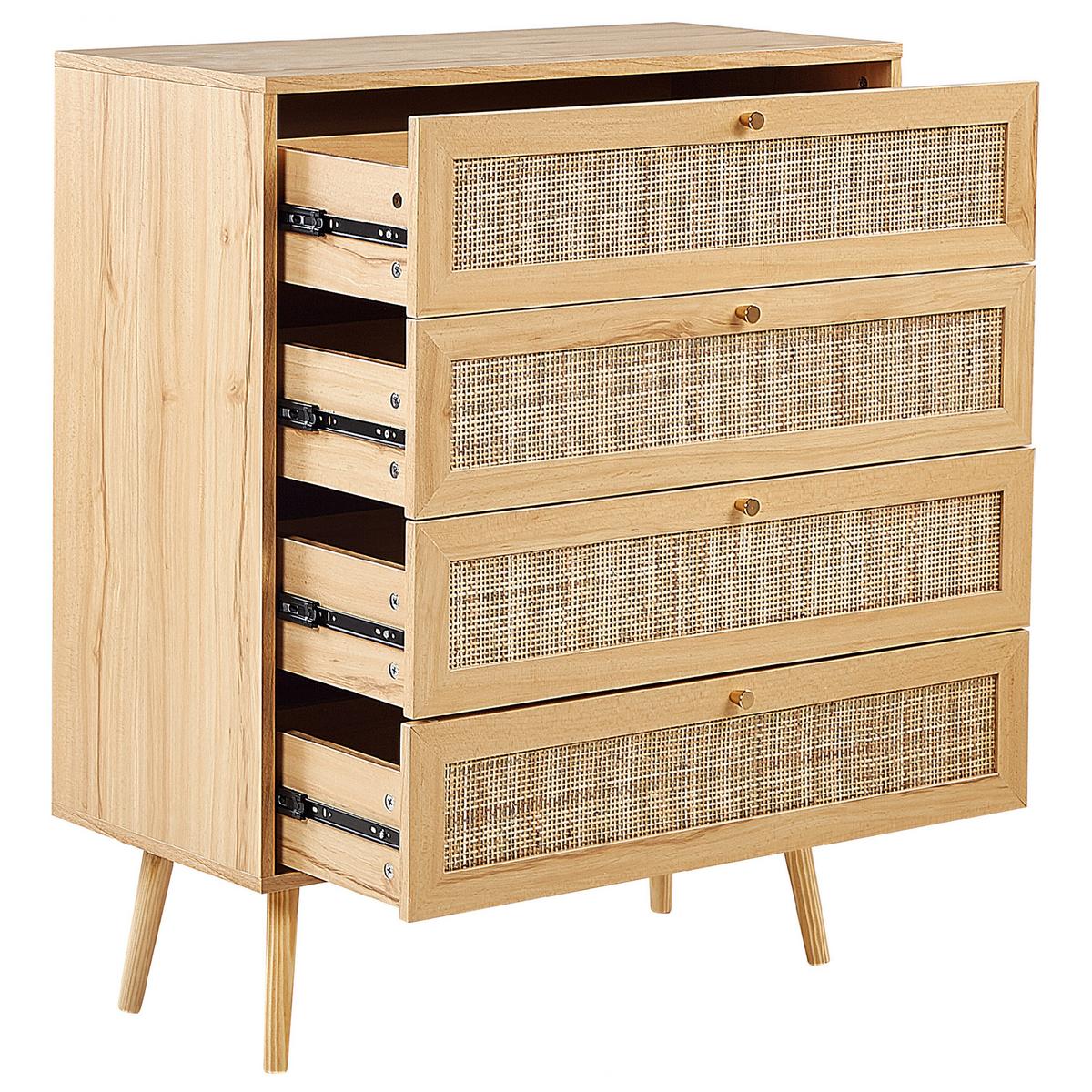 KOMMODE 4 Schubladen Rattan Helles Holz Perote - Hellbraun/Goldfarben, Naturmaterialien (80/97/38cm) - Beliani