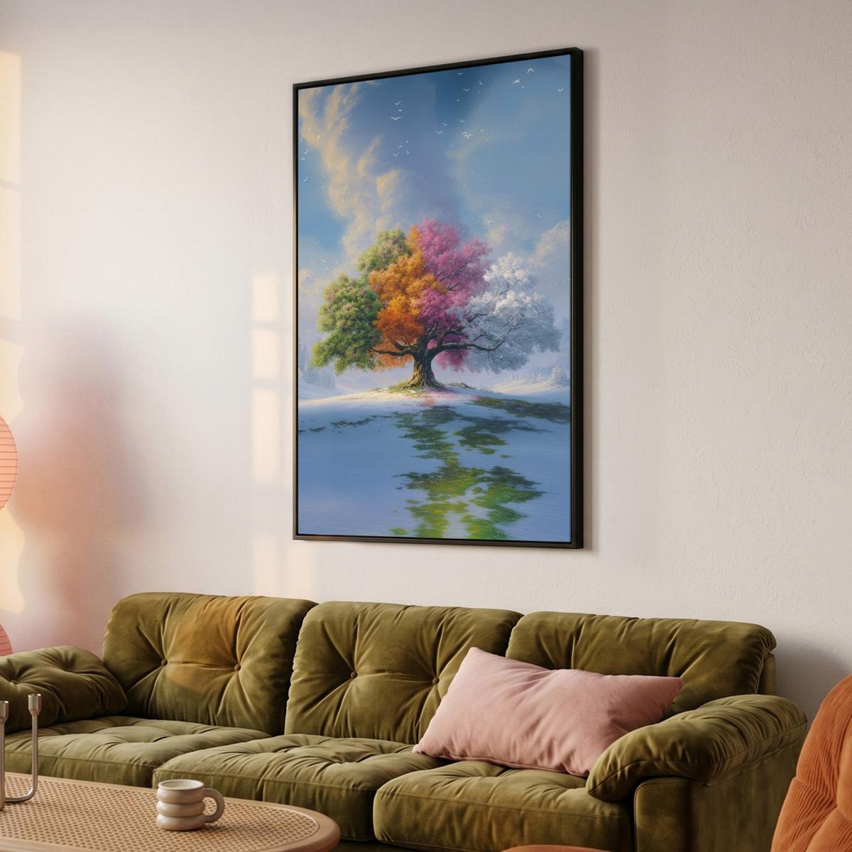 LEINWAND Bilder mit Rahmen - Baum - Jahreszeiten - Winter - Landschaft - 100x150 - Multicolor, Textil (100/150cm) - MuchoWow