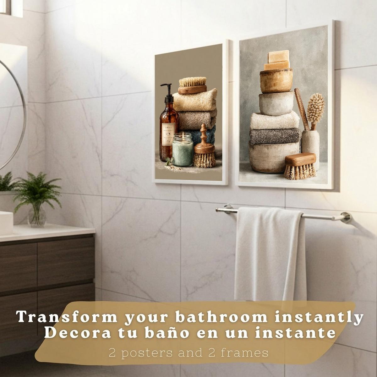 POSTER 2er-Set dekorative Badezimmer-Wandbilder und für Waschbecken, Dusche, WC mit Seifen, Handtüchern und Bürsten, Naturstil Weißer Rahmen A3 - Weiß, Papier (42/29.7/3cm) - Nacnic