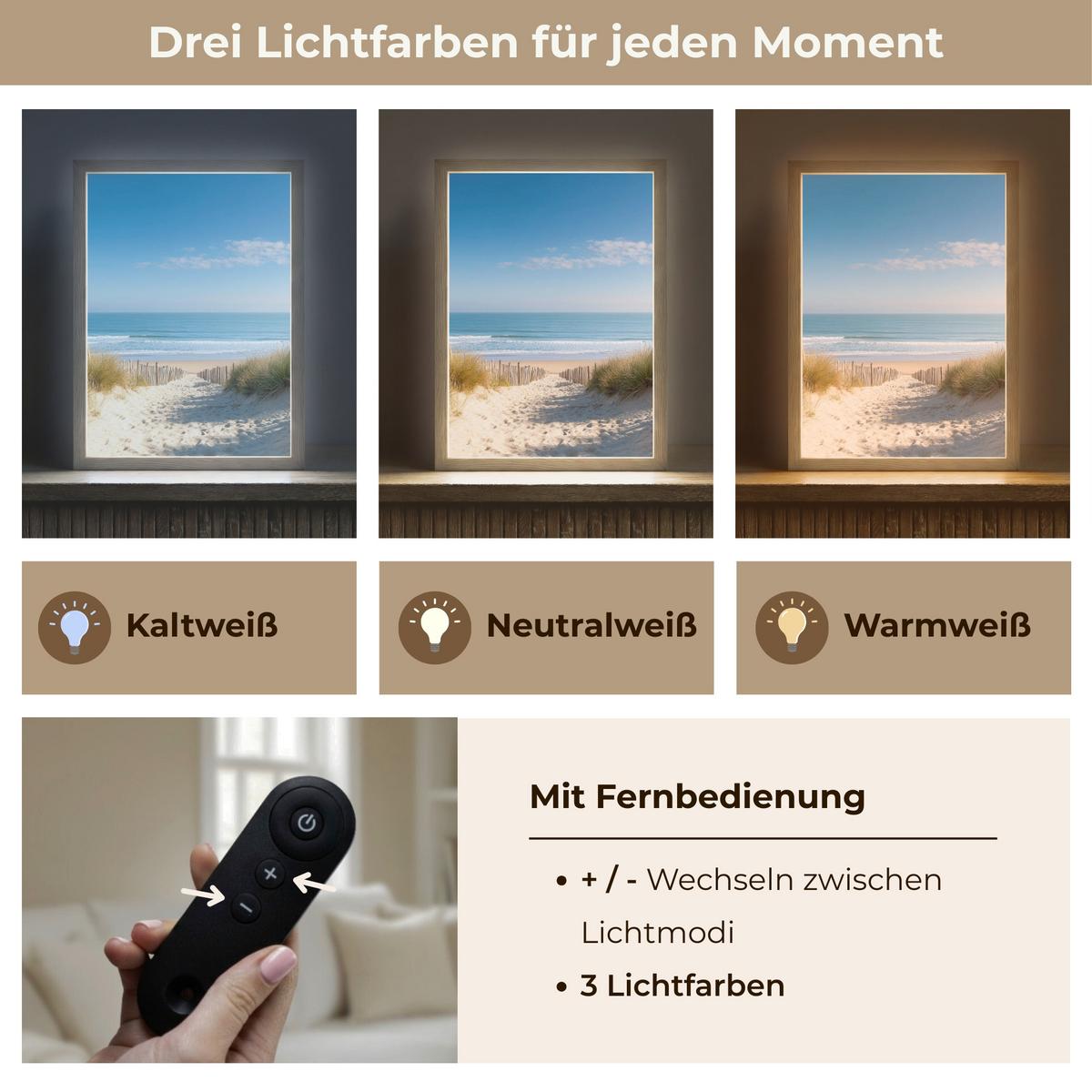 WANDLEUCHTE MIT AKKU Strand - Meer - Düne - Sand - Sommer 30x40 cm - Sandfarben, Holzwerkstoff (30/40/8cm) - OnlyWow