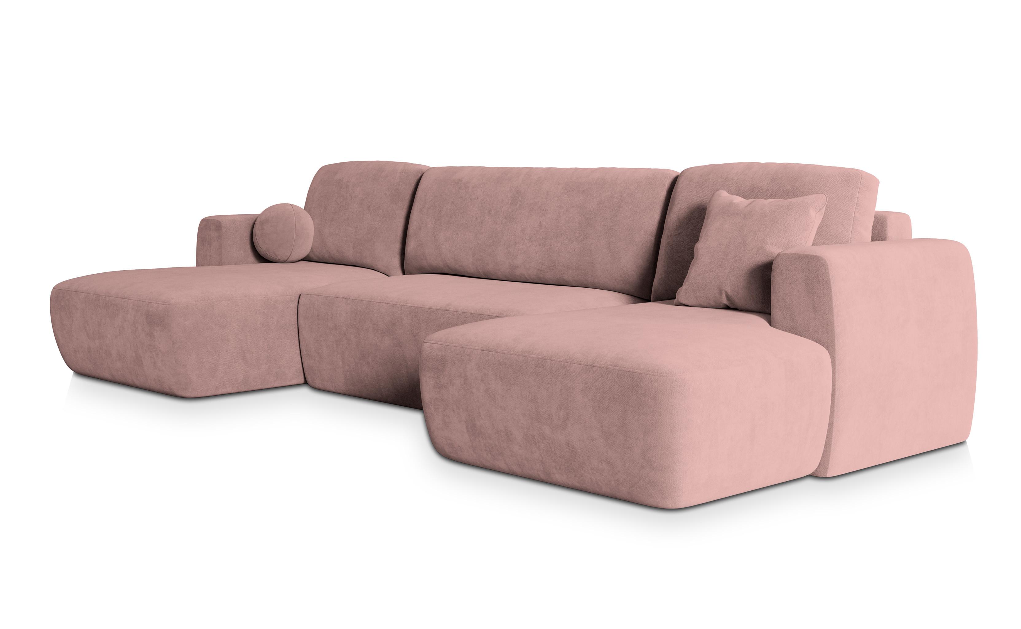 WOHNLANDSCHAFT SENTUM K Rosa Plüsch-Stoff mit Schlaffunktion - Schwarz/Rosa, Holz/Kunststoff (330/90/148cm) - MASSENO