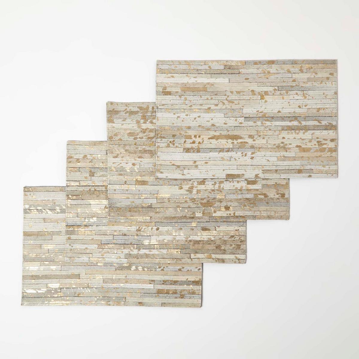 TISCHSET 4er-Set grau-gold, Patchwork-Streifen, Fell & Leder, 30/46 cm - Grau, Leder (30/46cm) - Homescapes
