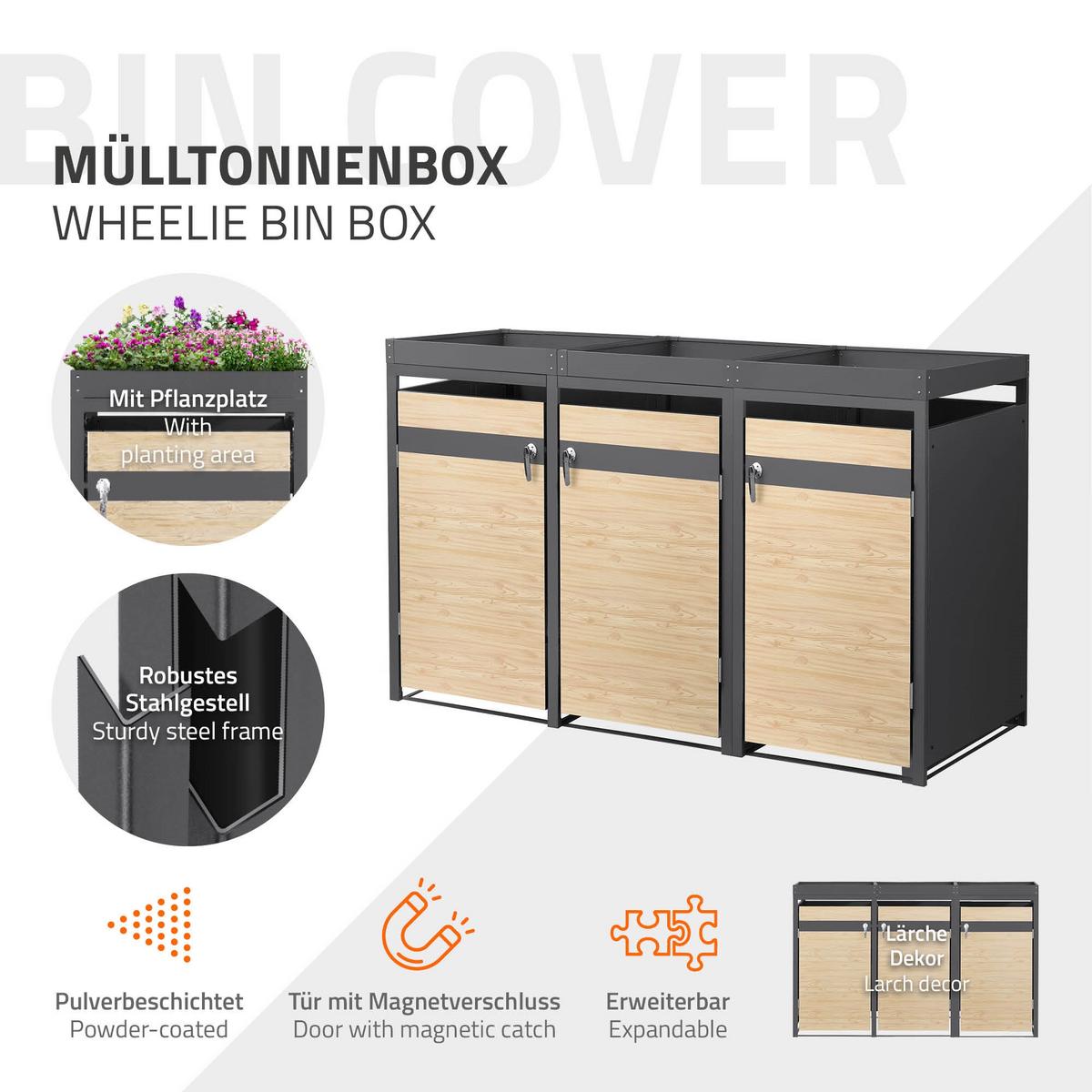 MÜLLTONNENBOX 3er mit Pflanzdach Anthrazit-Holzoptik - Hellbraun, Metall (200/124/80cm) - ML-DESIGN