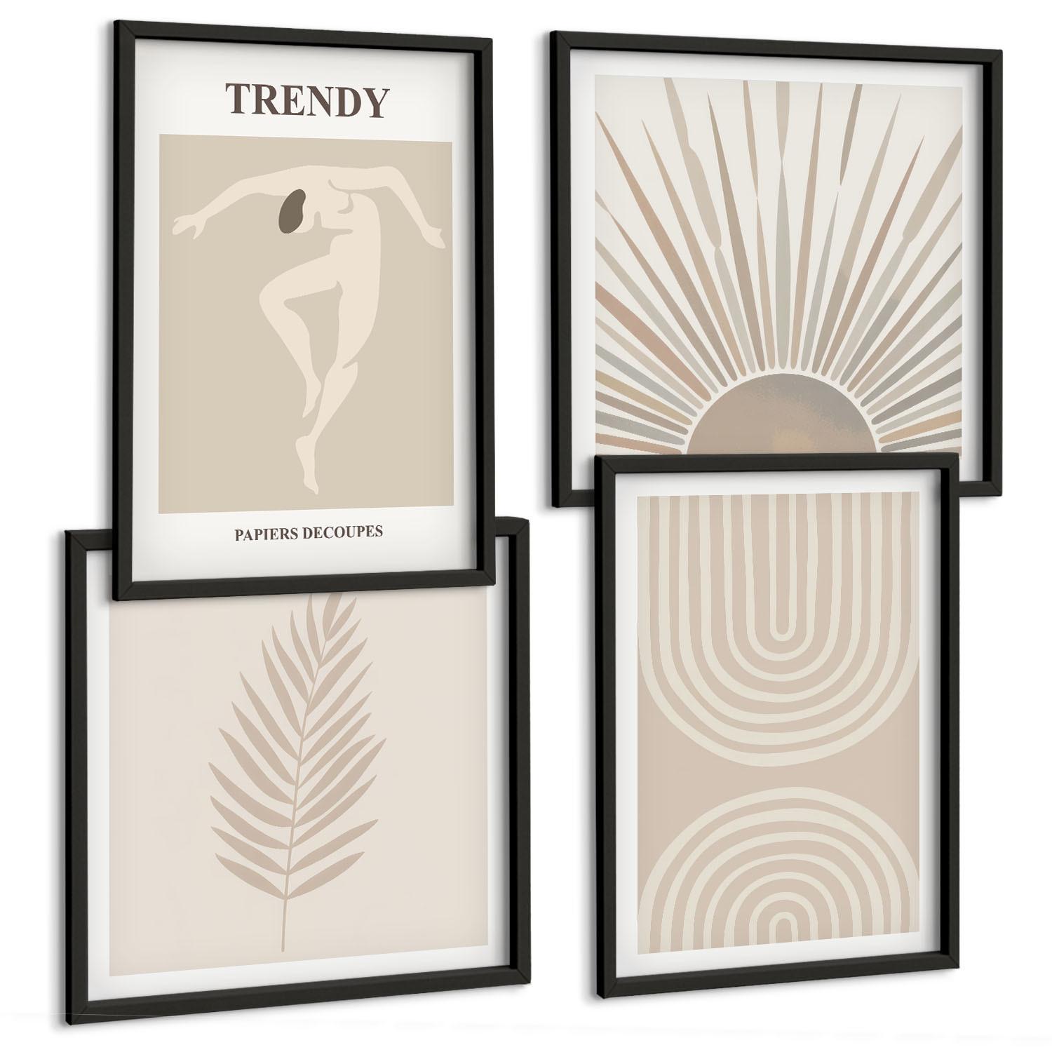 BILDER SET 4er Set - 50x50 cm & 40x60 cm Schwarzer Rahmen - Abstrakte Poster im Boho-Stil in Pastellfarben - Schwarz, Kunststoff (50/50cm) - TULUP