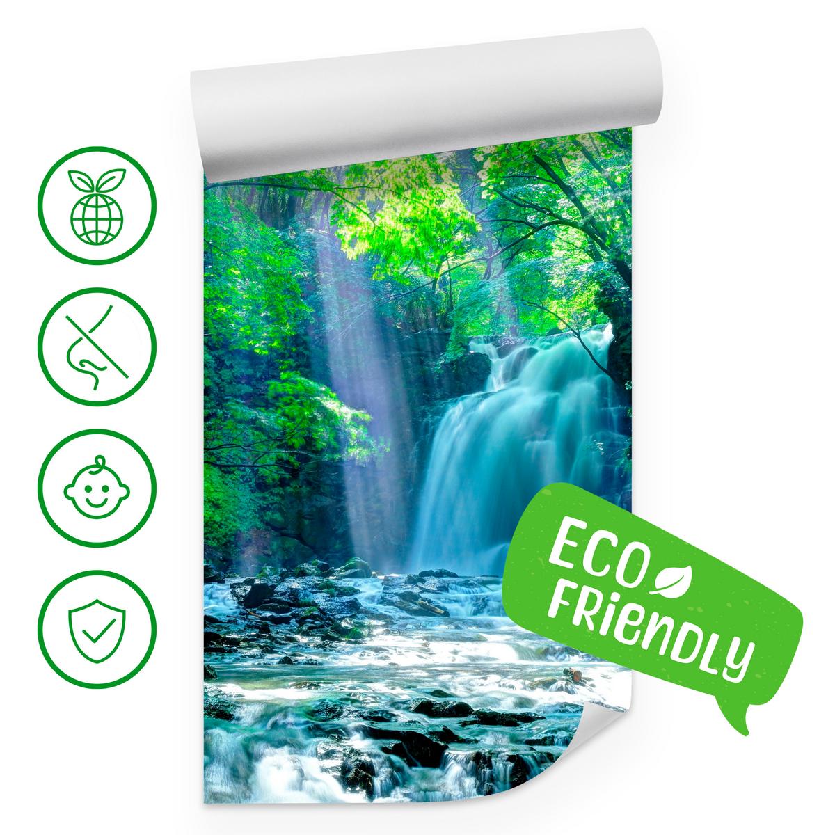 FOTOTAPETE für Schlafzimmer Wasserfall Wald Felsen Bäume Pflanzen 400x280 - Türkis/Blau, Papier (400/280cm) - Muralo