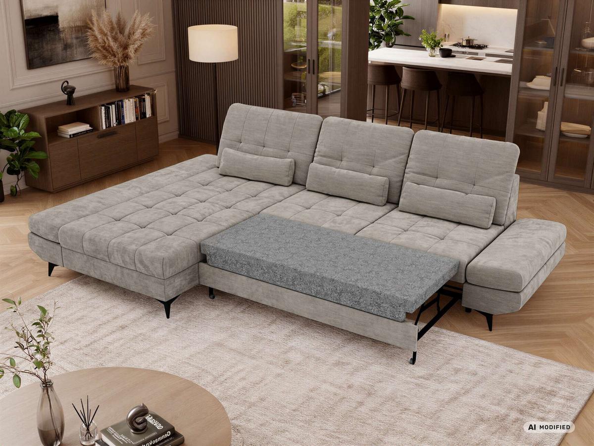 ECKSOFA ALVENO L - Hellgrau Schenille glatt - Links Seite - Hellgrau/Schwarz, Textil/Metall (218/344cm) - MKS