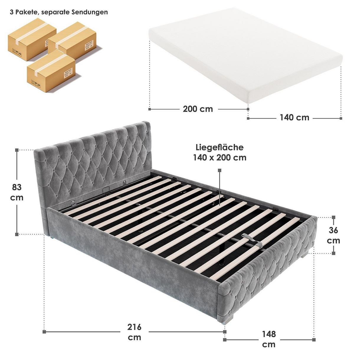 POLSTERBETT Nizza Dunkelgrau 140x200 cm mit Matratze - Dunkelgrau, Holz (140/200cm) - Juskys