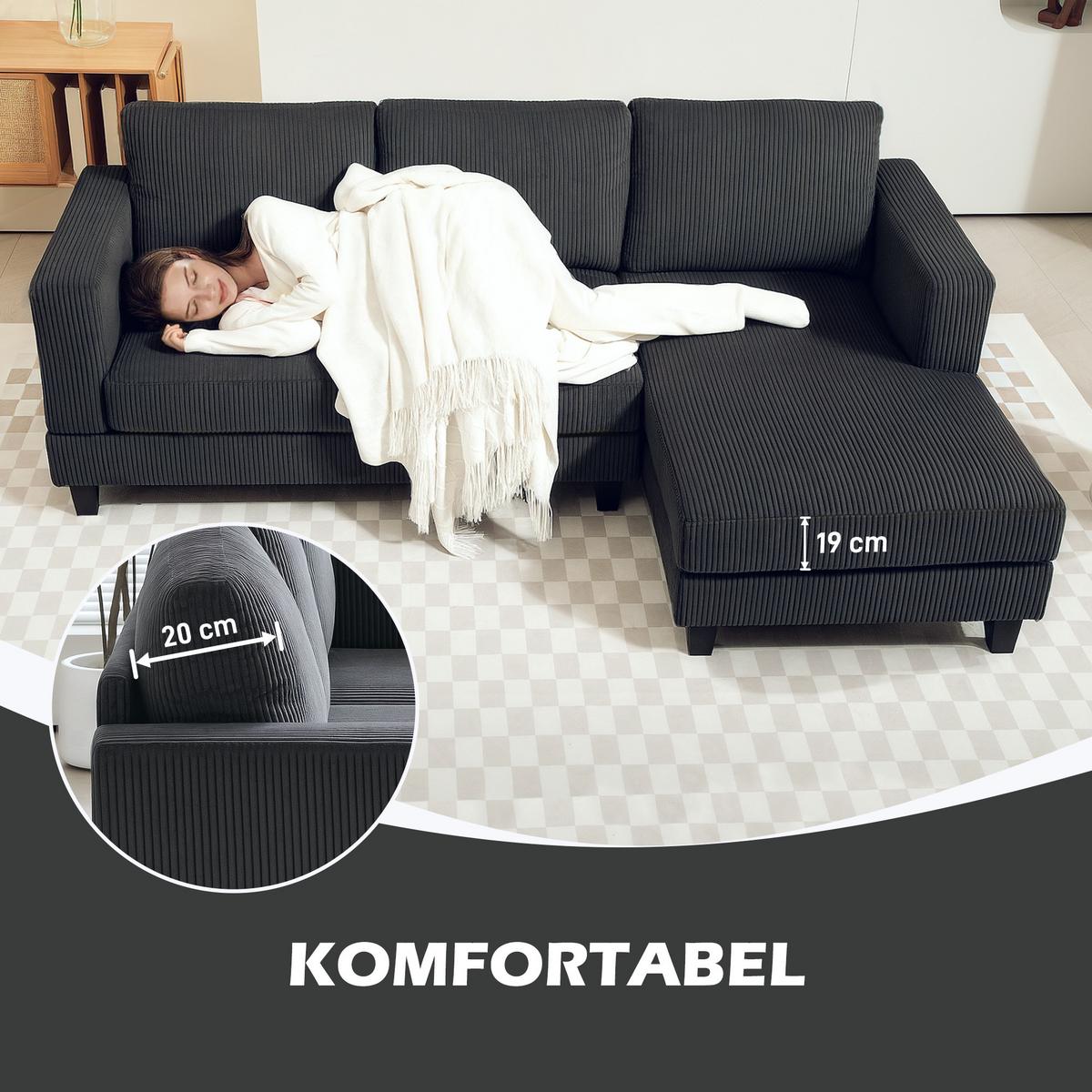 ECKSOFA Couch mit Chaiselongue Sofa L Form Gepolsterte Eckcouch mit Cord-Optik - Dunkelgrau, Kunststoff (134/214cm) - HOMCOM