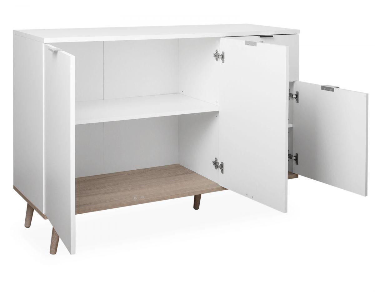 KOMMODE weiß matt, Eiche Sonoma massiv 120 cm, Sideboard 3-türig - Chromfarben/Eichefarben, Holz/Holzwerkstoff (120/85/40cm) - Furn.Design
