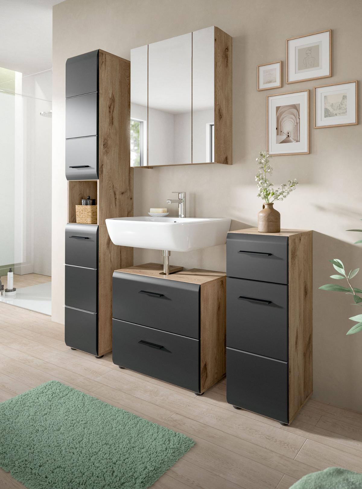 HOCHSCHRANK schwarz matt, Eiche Nox, Badschrank 2-türig 30 cm, 7 Fächer - Eichefarben/Schwarz, Holzwerkstoff/Kunststoff (30/185/30cm) - Inn.Furn