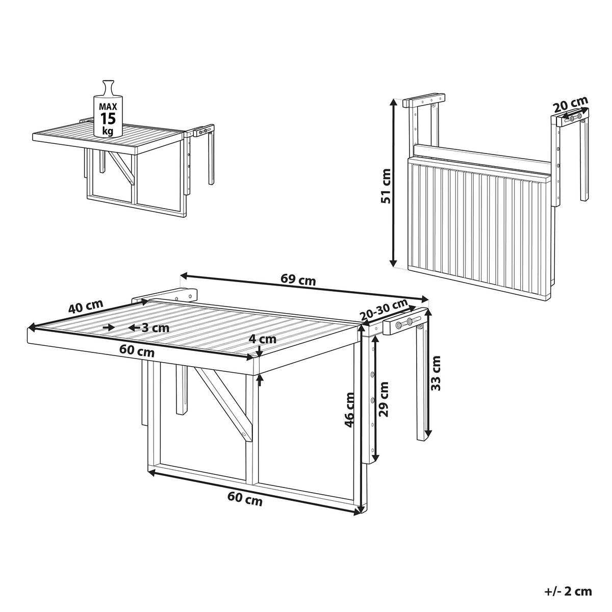 BALKONTISCH 60/40 cm Massivholz Heller Holzfarbton Udine - Hellbraun, Holz (70/69/51cm) - Beliani